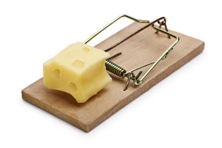 Mousetrap baited with cheese concept for risk, incentive and temptation