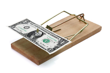 Dollar bill as bait on a wooden mousetrap