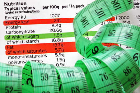 Nutrition facts and measure tape concept for dieting and healthy eatingの写真素材