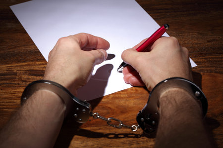 Man in handcuffs signing a document concept for coercion or being pressured into giving a signature...