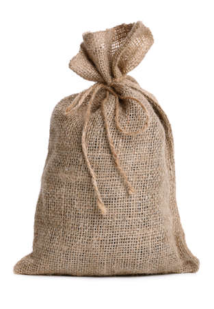 Tied up burlap money sack on white backgroundの写真素材
