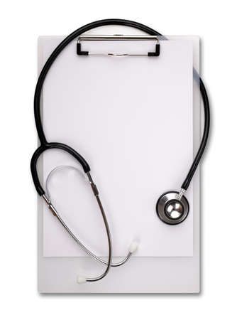 Medical notes on clipboard with stethoscope left blank for messageの写真素材