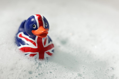 British flag rubber duck in the bath... Britannia rules the waves concept