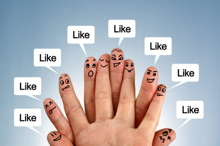 Social network family concept finger people in discussion with like speech bubbles