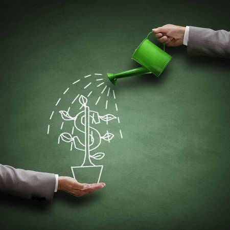 Watering can and money tree drawn on a blackboard concept for business investment, savings and making moneyの写真素材