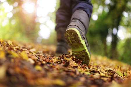 Boy walking on footpath in autumn or winter concept for healthy lifestyle Boy walking on footpath in autumn or winter concept for healthy lifestyle