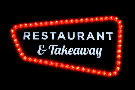 Restaurant and take away neon sign with red bulbs on black background