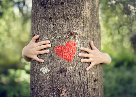 Tree hugging, little boy giving a tree a hug with red heart concept for love nature