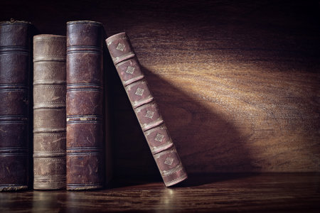 Old books on a library or bookshop shelf background with copy spaceの写真素材