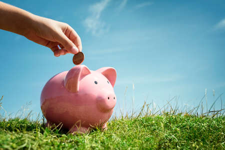Child hand inserting coin and saving money in piggy bank with grass and blue sky backgroundの写真素材