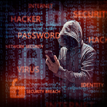 Computer hacker with mobile phone smartphone stealing data