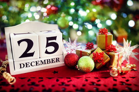 Christmas day calendar and christmas tree decorationsの写真素材