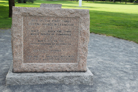 Site of the first three meeting house in lexington, built 1692 when the town was a parish of Cambridge. Built 1713, on the incorporation of Lexington. Build 1794, burned 1846. This spot is thus identified with the towns history for 50 year.のeditorial素材