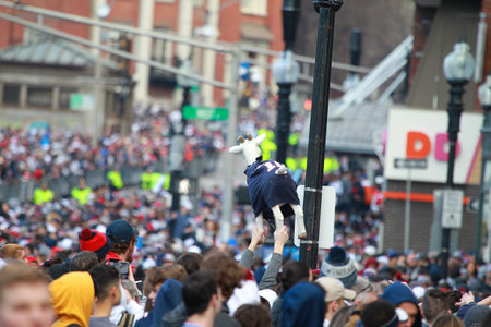 New England Patriots 53th Super Bowl Championship Parade in Boston on Feb. 5, 2019. Spectator held a...