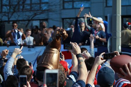 New England Patriots 53th Super Bowl Championship Parade in Boston on Feb. 5, 2019, spectators threw beer cans to sportsmen on the duck boatのeditorial素材