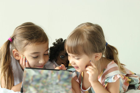 Curious little sisters having fun watching digital tablet on bed with a lovely doll