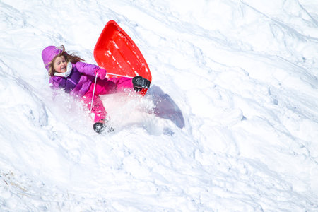 Families went snow sledding at McClennen Park, Arlington, Massachusetts, US on Jan 30, 2022 after the historical snowstormのeditorial素材