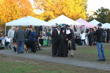 Salem, MA, US. October 30, 2022: People visiting the annual Haunted Happenings event held during the month of October in celebration of the town's history of witch trials and Halloのeditorial素材
