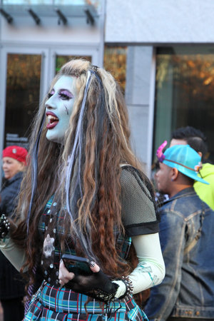 Salem, MA, US. October 30, 2022: People visiting the annual Haunted Happenings event held during the month of October in celebration of the town's history of witch trials and Halloのeditorial素材