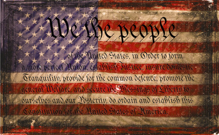 US Constitution with US Flag Background in details.の写真素材