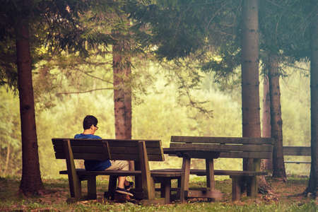 relaxing in a bench in the wood, resting in a quiet natural atmosphereの写真素材