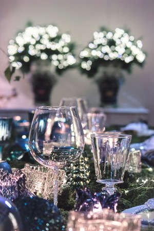 two empty glasses, luxury objects wirh blurred backgroundの写真素材