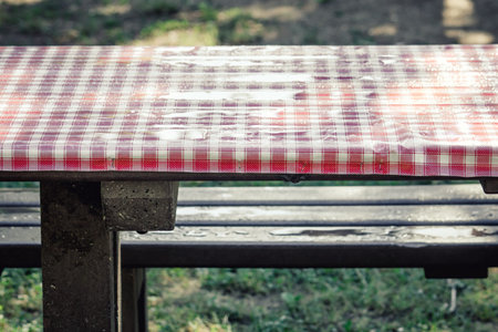 wet lunch picnic table, unusable object two to bad weather