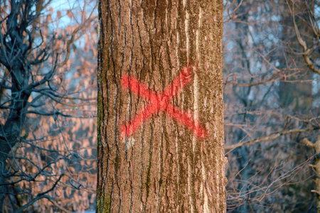 Tree marked to chop closeup. X red sign on bark (forest management)