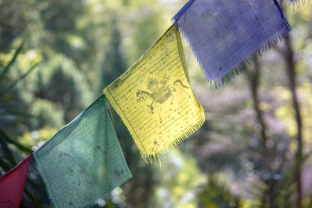 mantra flags with copy space, colorful tibetan prayers