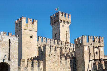 Tower of castle of Sirmione. Detail of medieval building Structure in Garda Lake (Italy)のeditorial素材
