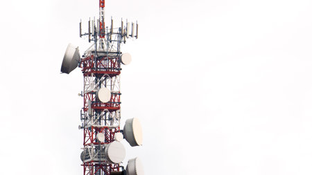 red and white radiating tower, mast radiator communication isolated on background