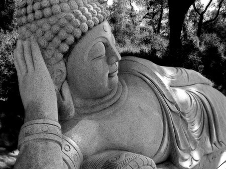A Buddha statue in a beautiful Oriental gardenの写真素材