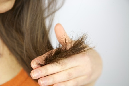 Split ends hair of brunette female model holding handの写真素材