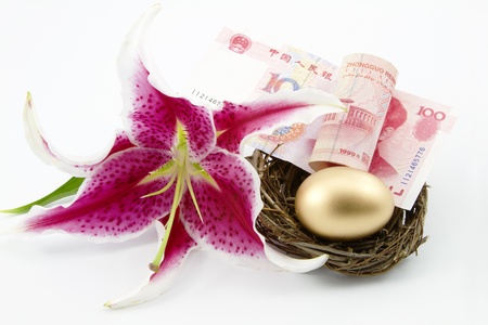 An elegant lily is placed next to a gold egg in a twig nest with Chinese currency in a horizontal orientation against a white background.の写真素材