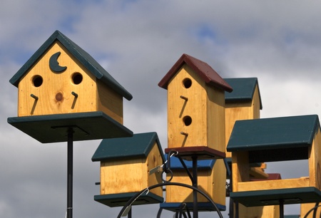 Lahaska, PA, USA - April 30, 2011: Local artist crafted bird houses on display at Peddler's Village annual, popular Strawberry Festivalのeditorial素材