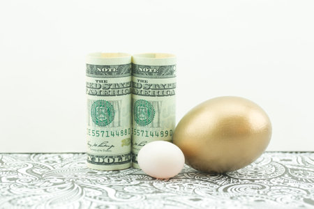 Small nest egg placed with conceptual investment symbols of money and gold egg on silver design with...