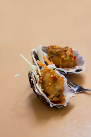 Crumbed and fried oysters served on the half shell with slivers of cabbage and carrots for accent.  Copy space available.の写真素材