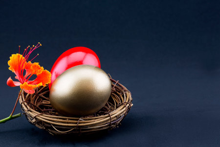 Business investment concepts seen in red and gold nest eggs accented by Red Bird of Paradise flower,...