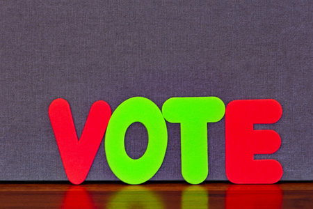 Concept image indicates VOTE in colored letters placed on wood against background with copy space
