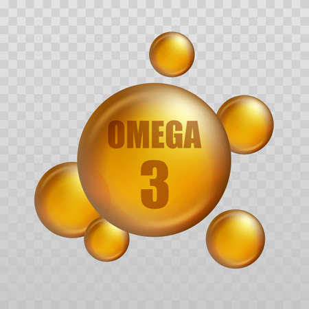 Omega 3. Vitamin drop, fish oil capsule, gold essence organic nutrition. Vector illustrationのイラスト素材