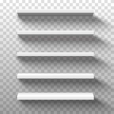 White shop product shelves. Blank empty showcase display, 3D supermarket retail shelves.Bookcase store rack, shopping merchandise market products racks realistic. Vector illustrationのイラスト素材