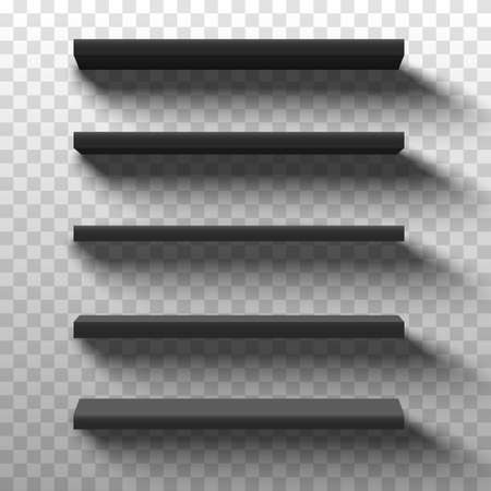 Black shop product shelves. Blank empty showcase display, 3D supermarket retail shelves.のイラスト素材