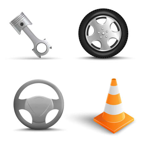 Realistic Set of car repair elements on transparant background. Traffic Cone, Tire, Steering wheel, Engine pistons.Vector Illustrationのイラスト素材