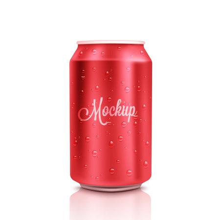 Red cold aluminium beer can mockup with drops, 300 ml. Empty fresh soda tin packing mock up with condensate, isolated. Vector illustrationのイラスト素材