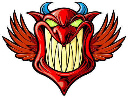 smiling red devil with wings and blue hornのイラスト素材