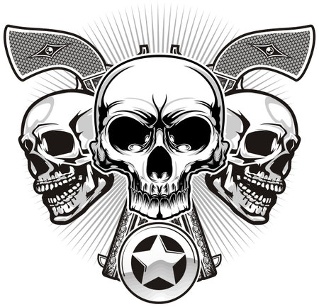 skulls with two handguns and sheriff badgeのイラスト素材