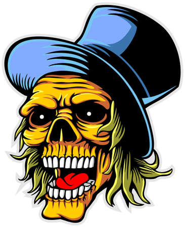 orange skull and brown hair on blue hatのイラスト素材