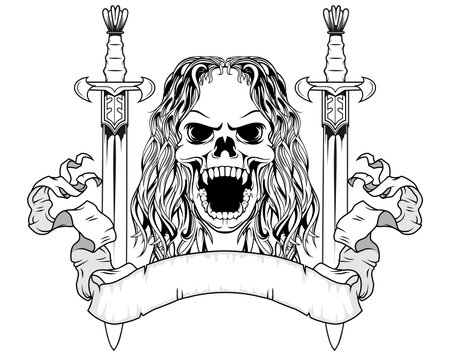 long hair skull with two sword and scrollのイラスト素材