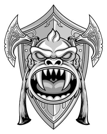 monkey head with axes and shield のイラスト素材