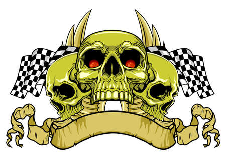 skull wth ribbon and racing flags on backgroundのイラスト素材
